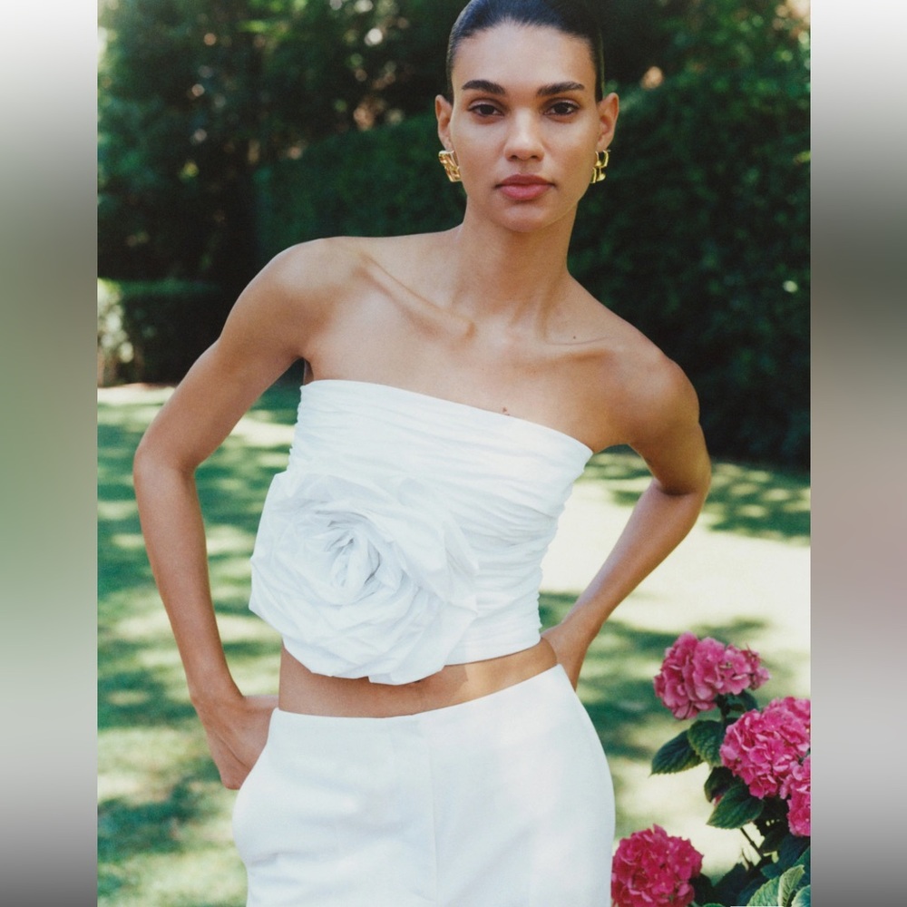 Mango White Maxi Flower Strapless Top